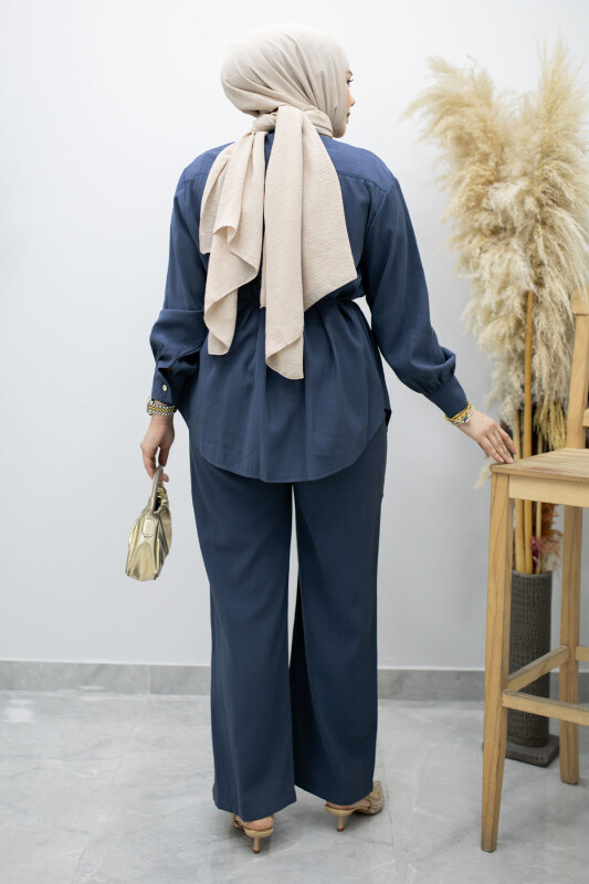 Gizli Düğmeli Beli İpli İkili Takım TSD260176 İndigo - 6