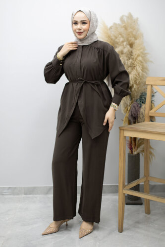 Gizli Düğmeli Beli İpli İkili Takım TSD260176 Kahverengi 