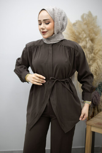 Gizli Düğmeli Beli İpli İkili Takım TSD260176 Kahverengi - 2