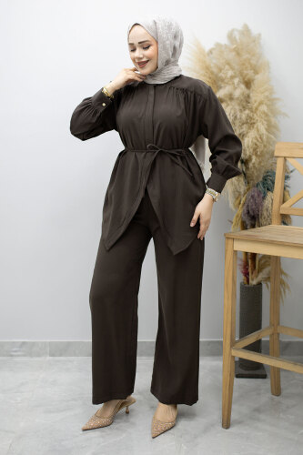 Gizli Düğmeli Beli İpli İkili Takım TSD260176 Kahverengi - 3