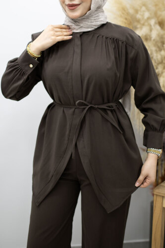 Gizli Düğmeli Beli İpli İkili Takım TSD260176 Kahverengi - 4