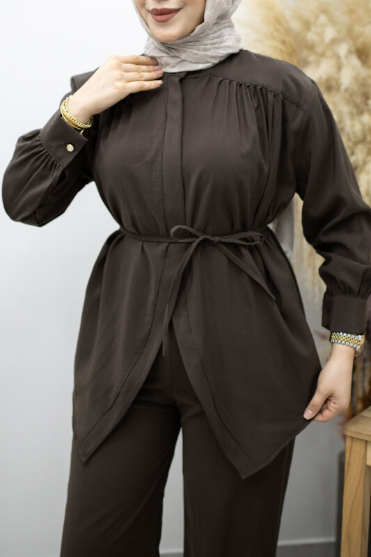 Gizli Düğmeli Beli İpli İkili Takım TSD260176 Kahverengi - 4