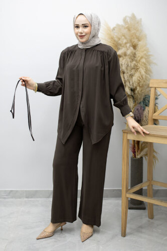 Gizli Düğmeli Beli İpli İkili Takım TSD260176 Kahverengi - 5