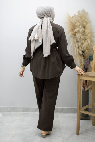 Gizli Düğmeli Beli İpli İkili Takım TSD260176 Kahverengi - 6