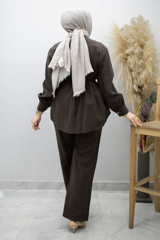 Gizli Düğmeli Beli İpli İkili Takım TSD260176 Kahverengi - 6