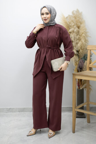 Gizli Düğmeli Beli İpli İkili Takım TSD260176 Mürdüm 