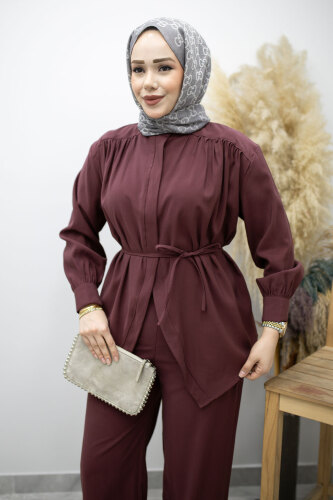 Gizli Düğmeli Beli İpli İkili Takım TSD260176 Mürdüm - 2