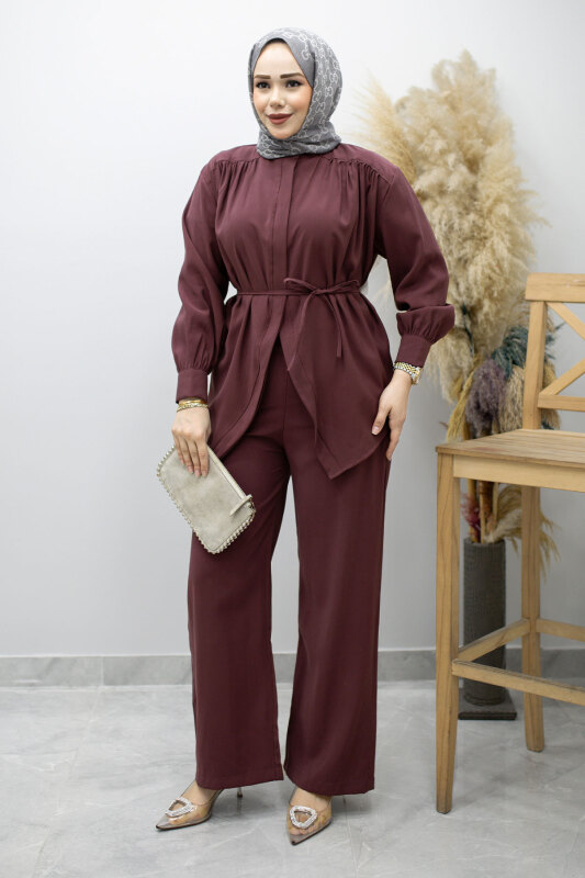 Gizli Düğmeli Beli İpli İkili Takım TSD260176 Mürdüm - 3