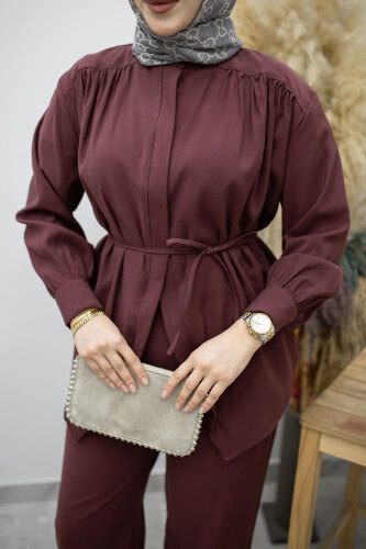 Gizli Düğmeli Beli İpli İkili Takım TSD260176 Mürdüm - 4