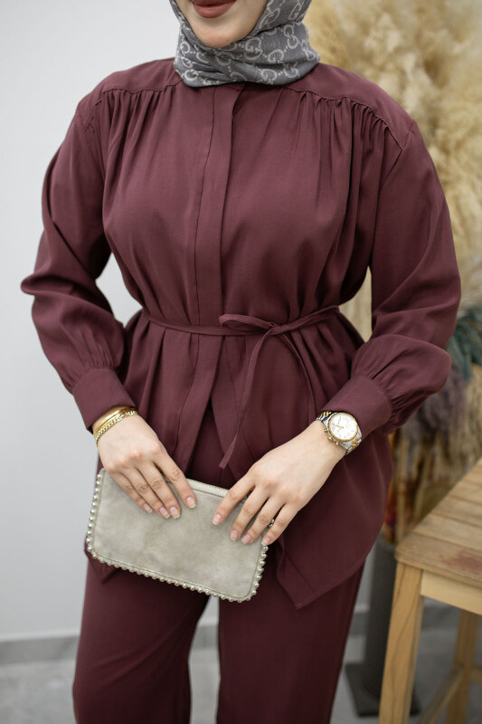 Gizli Düğmeli Beli İpli İkili Takım TSD260176 Mürdüm - 4