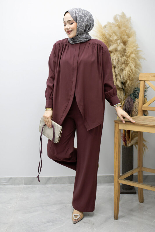 Gizli Düğmeli Beli İpli İkili Takım TSD260176 Mürdüm - 5