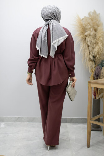 Gizli Düğmeli Beli İpli İkili Takım TSD260176 Mürdüm - 6