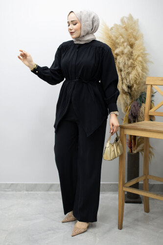 Gizli Düğmeli Beli İpli İkili Takım TSD260176 Siyah 