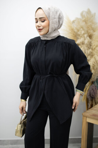 Gizli Düğmeli Beli İpli İkili Takım TSD260176 Siyah - 2
