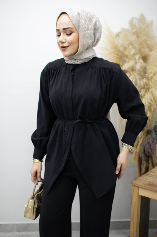 Gizli Düğmeli Beli İpli İkili Takım TSD260176 Siyah - Tesettür Dünyası (1)
