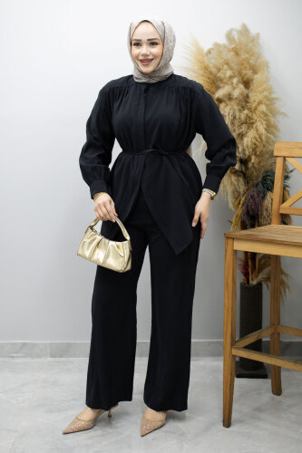 Gizli Düğmeli Beli İpli İkili Takım TSD260176 Siyah - 3