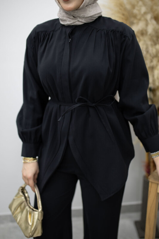 Gizli Düğmeli Beli İpli İkili Takım TSD260176 Siyah - 4