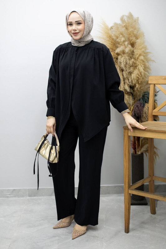 Gizli Düğmeli Beli İpli İkili Takım TSD260176 Siyah - 5