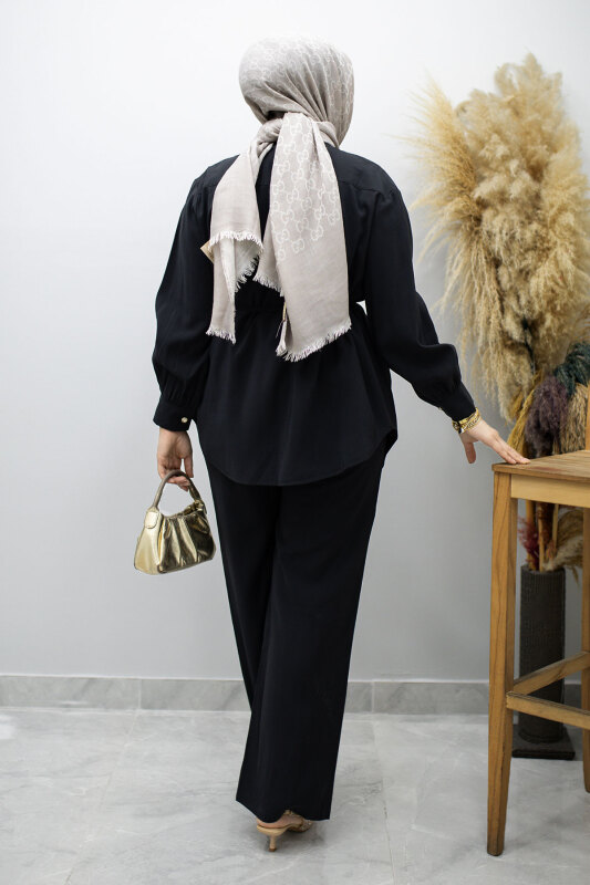 Gizli Düğmeli Beli İpli İkili Takım TSD260176 Siyah - 6