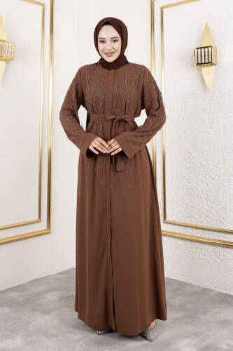 Gizli Fermuarlı Taş Detaylı Abaya TSD250112 Kahverengi - 3