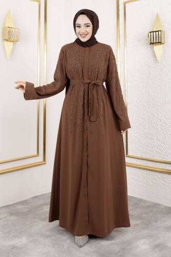 Gizli Fermuarlı Taş Detaylı Abaya TSD250112 Kahverengi 