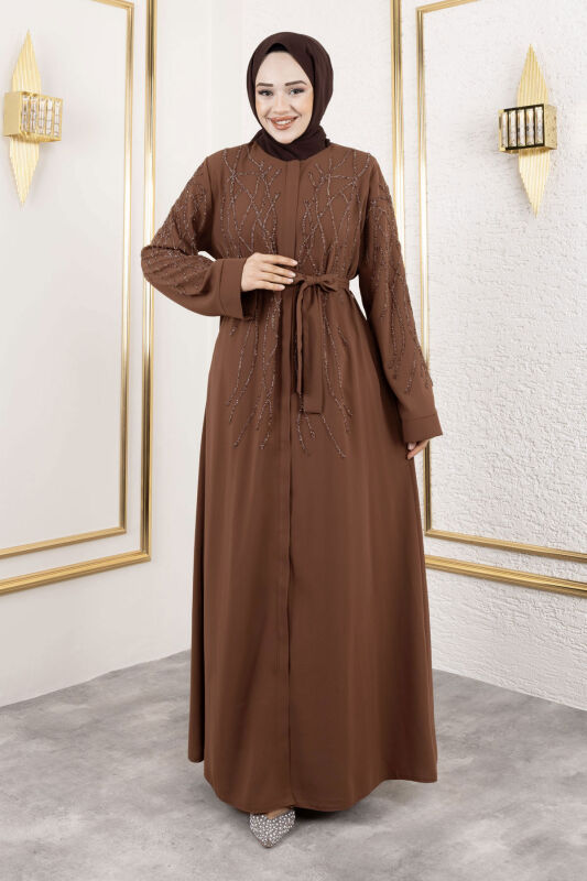 Gizli Fermuarlı Taş Detaylı Abaya TSD250112 Kahverengi - 4