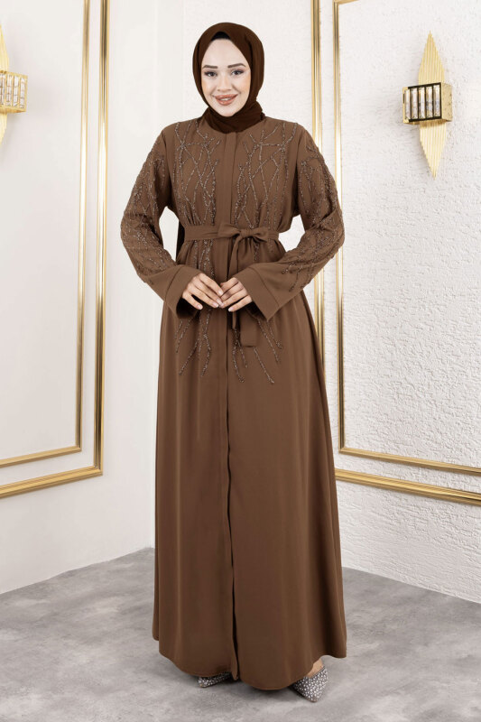 Gizli Fermuarlı Taş Detaylı Abaya TSD250112 Kahverengi - 4