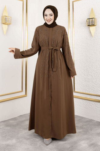 Gizli Fermuarlı Taş Detaylı Abaya TSD250112 Kahverengi - 3