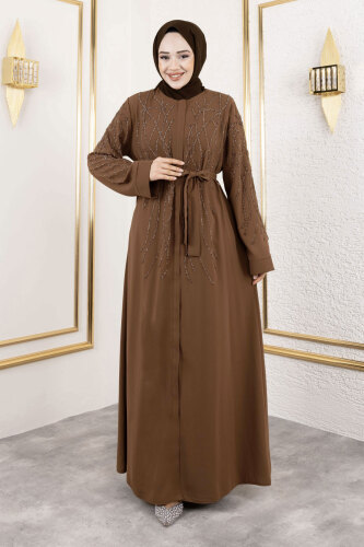 Gizli Fermuarlı Taş Detaylı Abaya TSD250112 Kahverengi 
