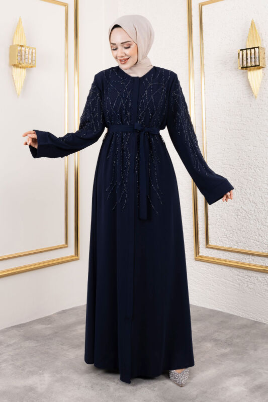 Gizli Fermuarlı Taş Detaylı Abaya TSD250112 Lacivert - 3