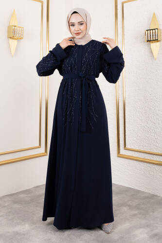 Gizli Fermuarlı Taş Detaylı Abaya TSD250112 Lacivert - 1