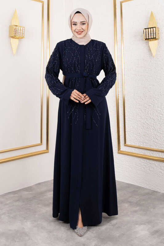 Gizli Fermuarlı Taş Detaylı Abaya TSD250112 Lacivert - 4