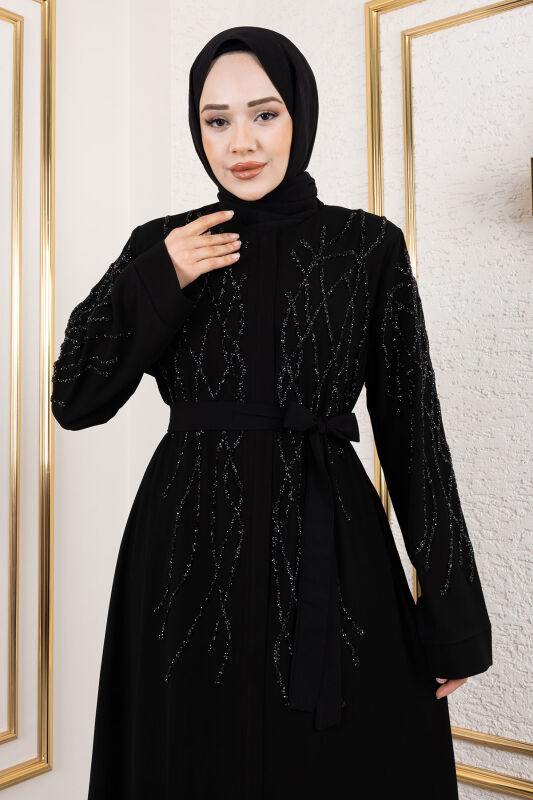 Gizli Fermuarlı Taş Detaylı Abaya TSD250112 Siyah - 2