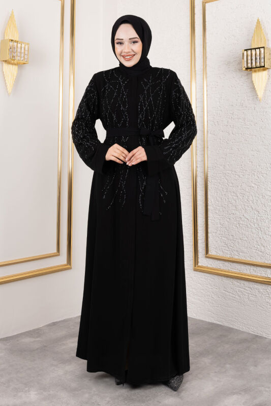 Gizli Fermuarlı Taş Detaylı Abaya TSD250112 Siyah - 3