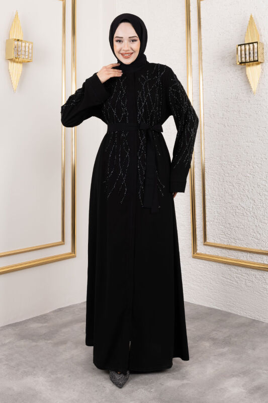 Gizli Fermuarlı Taş Detaylı Abaya TSD250112 Siyah - 4