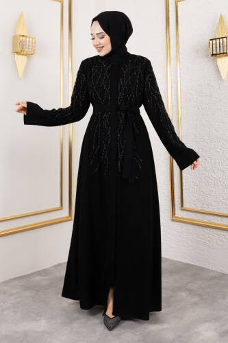 Gizli Fermuarlı Taş Detaylı Abaya TSD250112 Siyah - 1