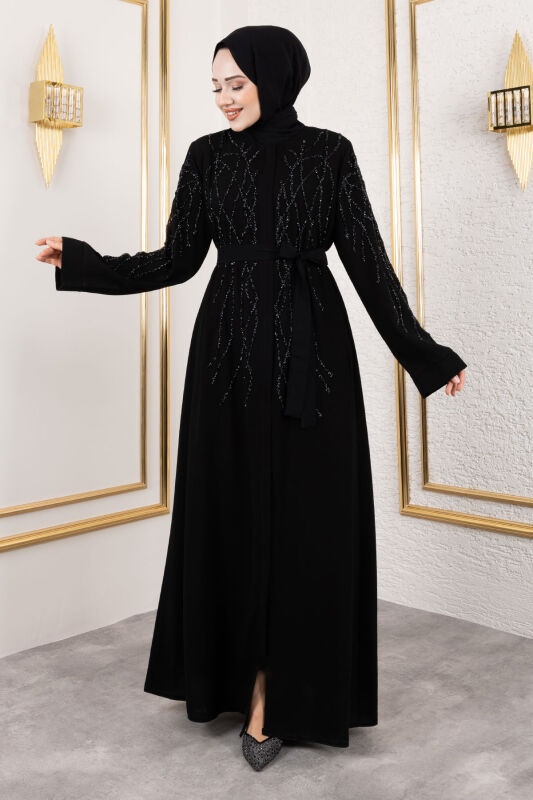 Gizli Fermuarlı Taş Detaylı Abaya TSD250112 Siyah - 1