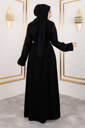 Gizli Fermuarlı Taş Detaylı Abaya TSD250112 Siyah - 5