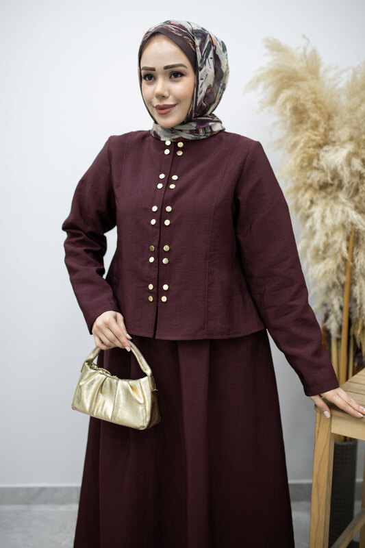 Gold Çıtçıtlı Etekli Takım TSD260156 Bordo - Tesettür Dünyası (1)