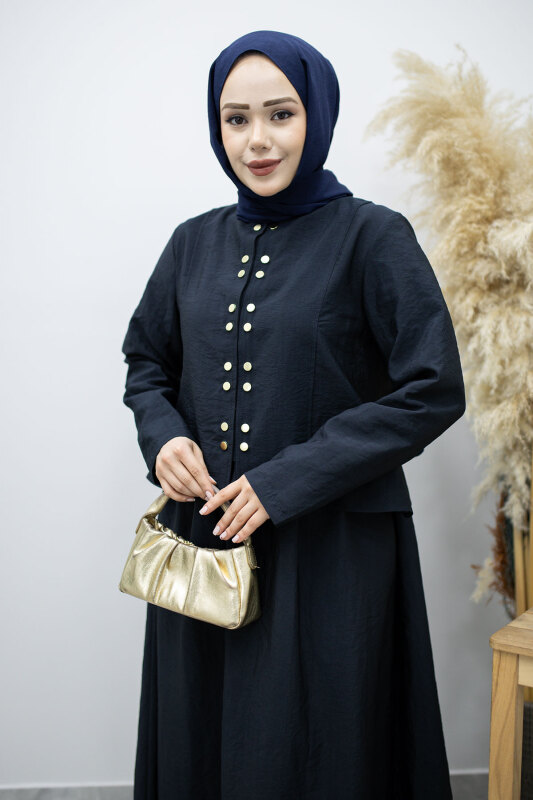 Gold Çıtçıtlı Etekli Takım TSD260156 Lacivert - Tesettür Dünyası (1)