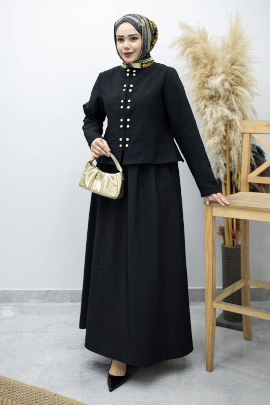 Gold Çıtçıtlı Etekli Takım TSD260156 Siyah - Tesettür Dünyası