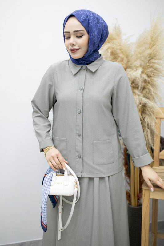 Gömleği Cepli Etekli Takım TSD260158 Açık Gri - Tesettür Dünyası (1)