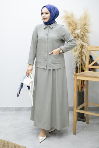 Gömleği Cepli Etekli Takım TSD260158 Açık Gri - 1