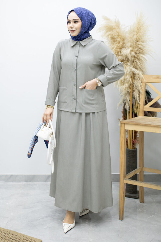 Gömleği Cepli Etekli Takım TSD260158 Açık Gri - TESETTÜR DÜNYASI