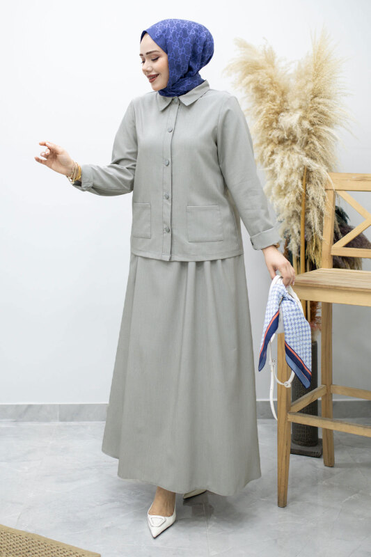 Gömleği Cepli Etekli Takım TSD260158 Açık Gri - TESETTÜR DÜNYASI