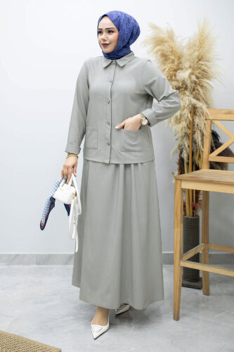 Gömleği Cepli Etekli Takım TSD260158 Açık Gri - Tesettür Dünyası