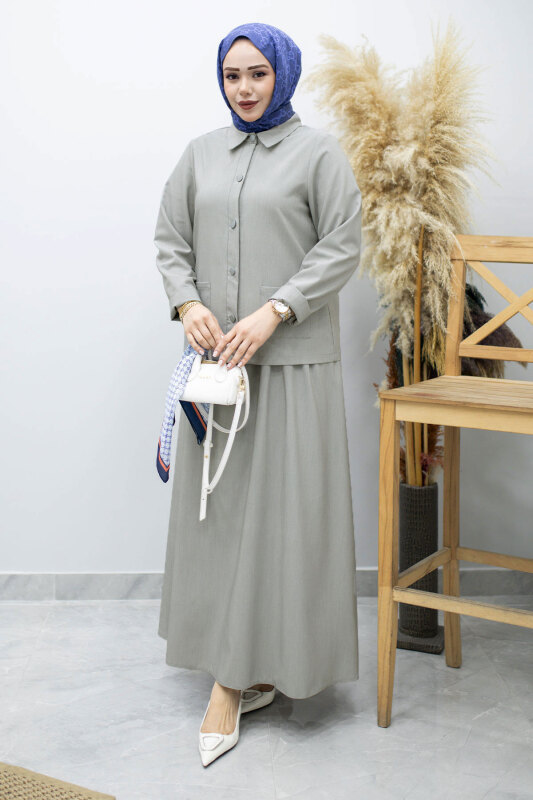 Gömleği Cepli Etekli Takım TSD260158 Açık Gri - 5