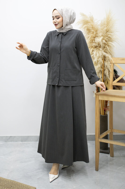 Gömleği Cepli Etekli Takım TSD260158 Füme - Tesettür Dünyası