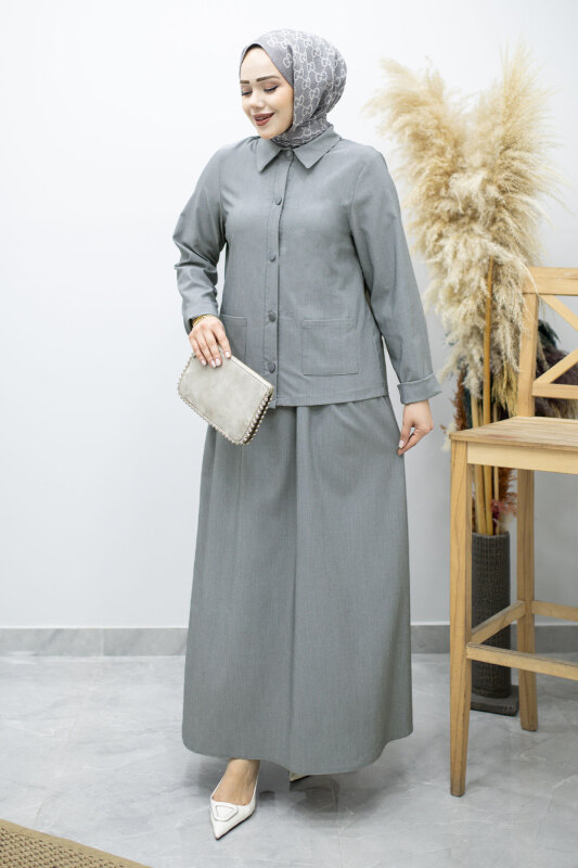 Gömleği Cepli Etekli Takım TSD260158 Gri - Tesettür Dünyası