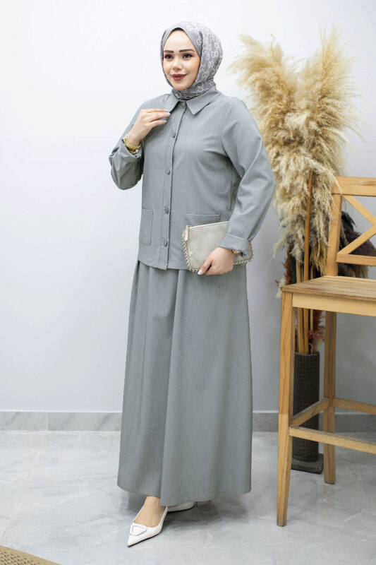 Gömleği Cepli Etekli Takım TSD260158 Gri - TESETTÜR DÜNYASI